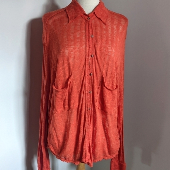 𝅺free People Orange Long Knit Button Down L tangerine - Picture 1 of 15